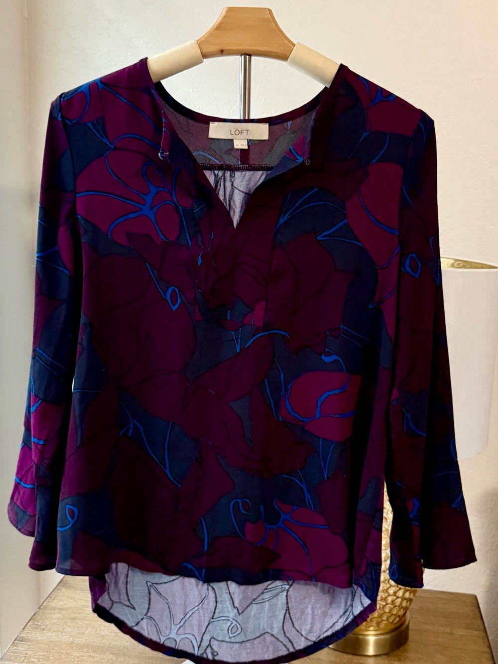 LOFT Purple & Blue Mixed Media Floral V-Neck Blouse- Size XS